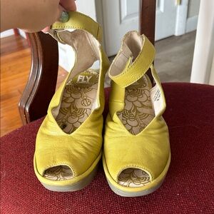 Fly London Leather Yellow/Green Peep Toe Women's Shoes